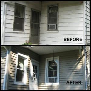 Exterior corner siding shown before and after repairs