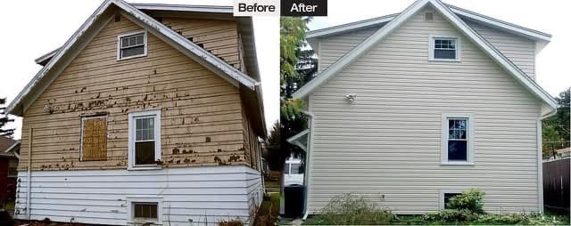 House siding shown before and after replacement
